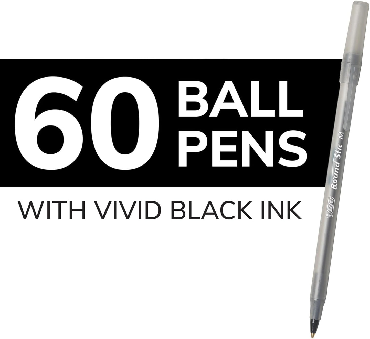 BIC Round Stic Xtra-Life Ballpoint Pens, Medium Point, 1.0mm, Black Ink, 60/Pack