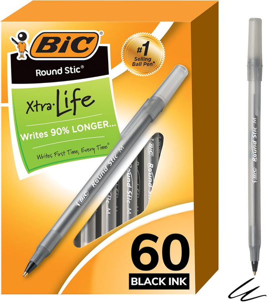 BIC Round Stic Xtra-Life Ballpoint Pens, Medium Point, 1.0mm, Black Ink, 60/Pack