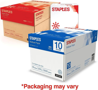 Staples Multiuse Copy Paper, 8.5" x 11", 20 lbs., 94 Brightness, 500 Sheets/Ream, 10 Reams/Carton