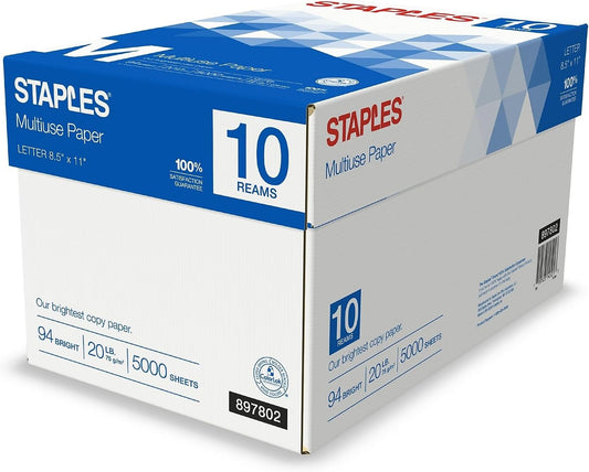 Staples Multiuse Copy Paper, 8.5" x 11", 20 lbs., 94 Brightness, 500 Sheets/Ream, 10 Reams/Carton