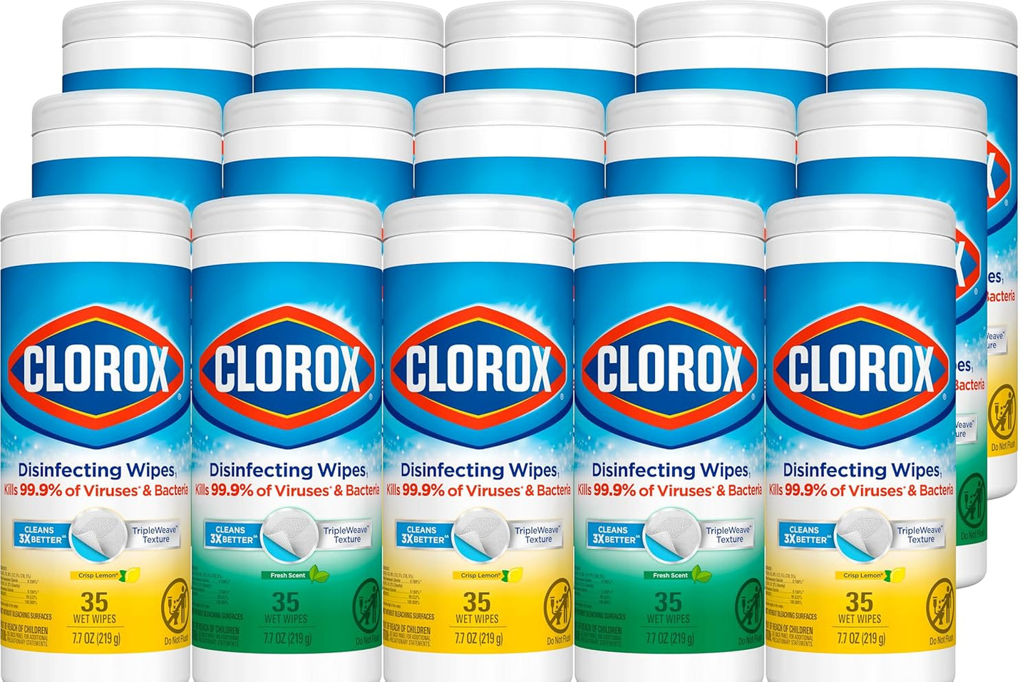 Clorox Value Pack Disinfecting Wipes, 35 Wipes/Canister, 3/Pack, 15/Carton