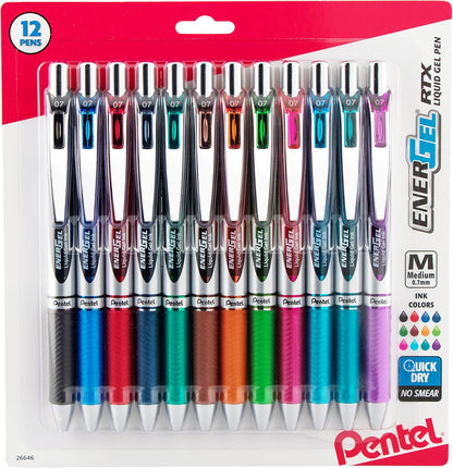 Pentel EnerGel RTX Retractable Gel Pens, Medium Point, 0.7mm, Assorted Ink, Dozen