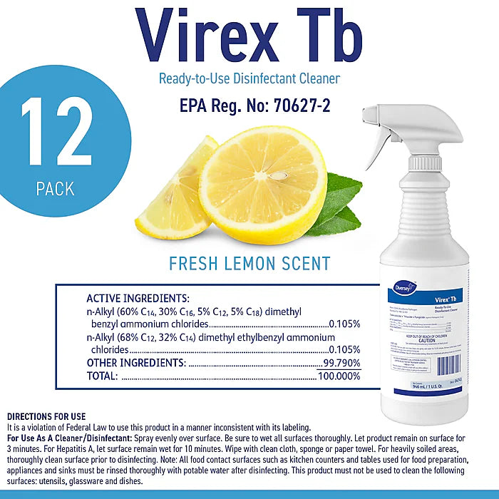 Diversey Virex TB Disinfectant Cleaner, RTU, Lemon Scent, 32 oz., 12/Carton