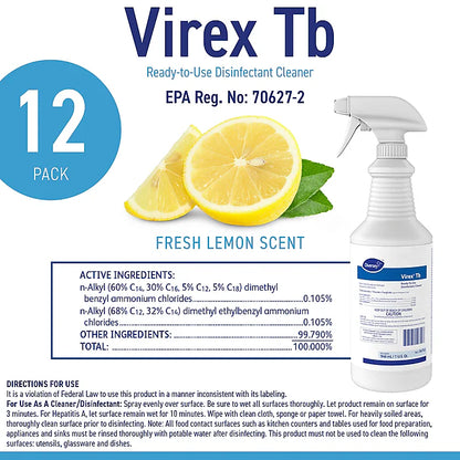 Diversey Virex TB Disinfectant Cleaner, RTU, Lemon Scent, 32 oz., 12/Carton